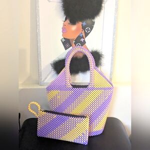 Dbl Handle Beaded Bucket Tote Bag w/Matching Wristlet Clutch FREE PURSE PILLOW